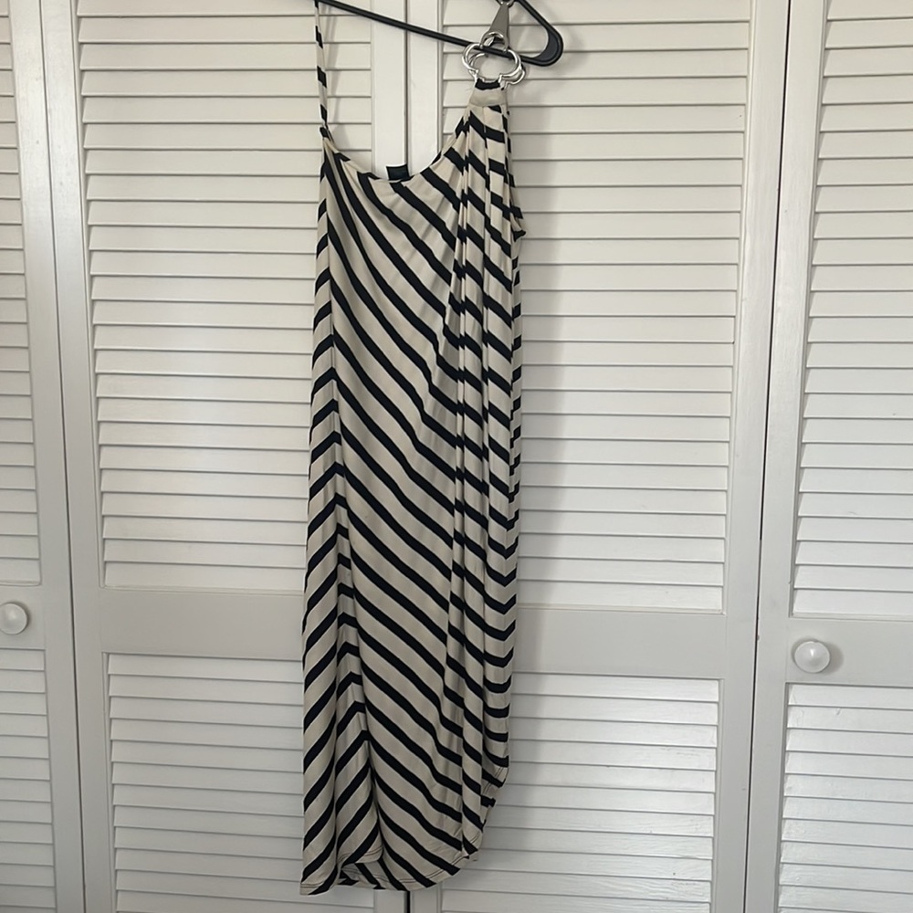 Pink Tartan Silk Black & White Striped One shoulder Asymmetrical Midi  dress  S